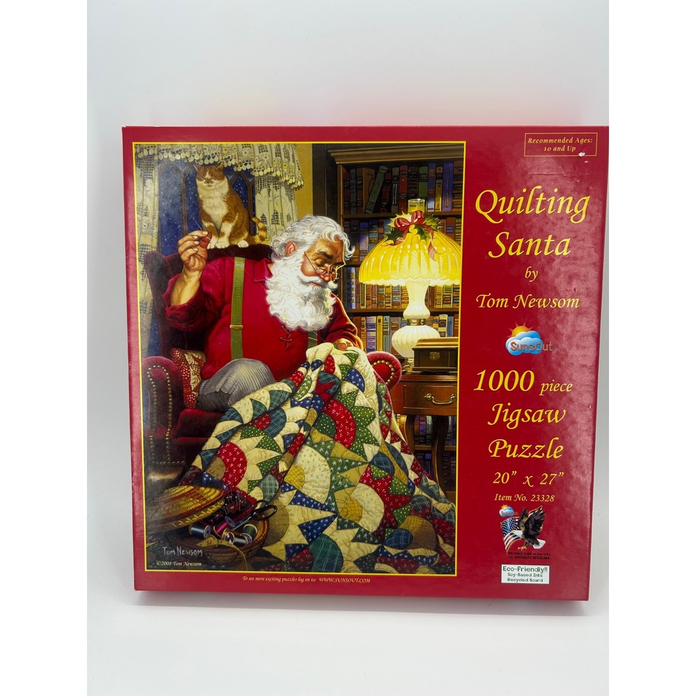 SunsOut Quilting Santa Tom Newsom 1000 Piece Christmas Jigsaw Puzzle Complete